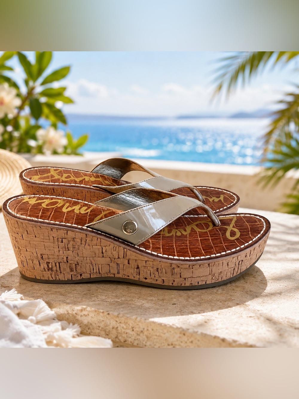 Sam Edelman Cork Platform Wedge Thong Sandals Taupe Patent Leather Size 8.5
